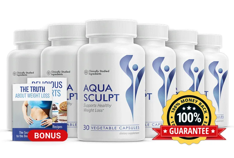 AquaSculpt six-bottle package shown with free weight-management bonus guides and money-back guarantee badge
