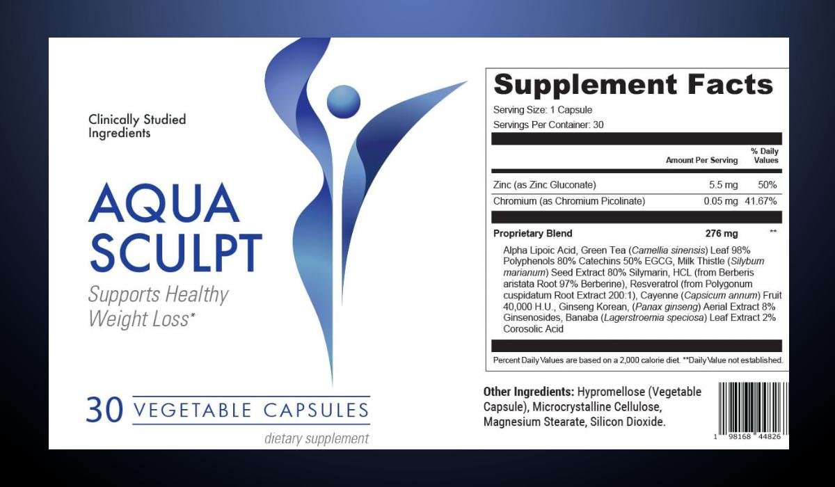 AquaSculpt Supplement Facts label showing zinc, chromium and a 276 mg proprietary botanical blend